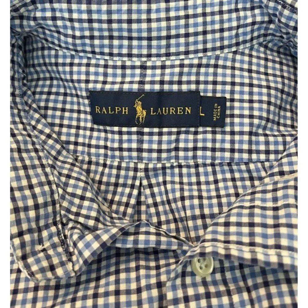 Polo Ralph Lauren Mens Large Blue White Check Long Sleeve Button Shirt Pony Vtg